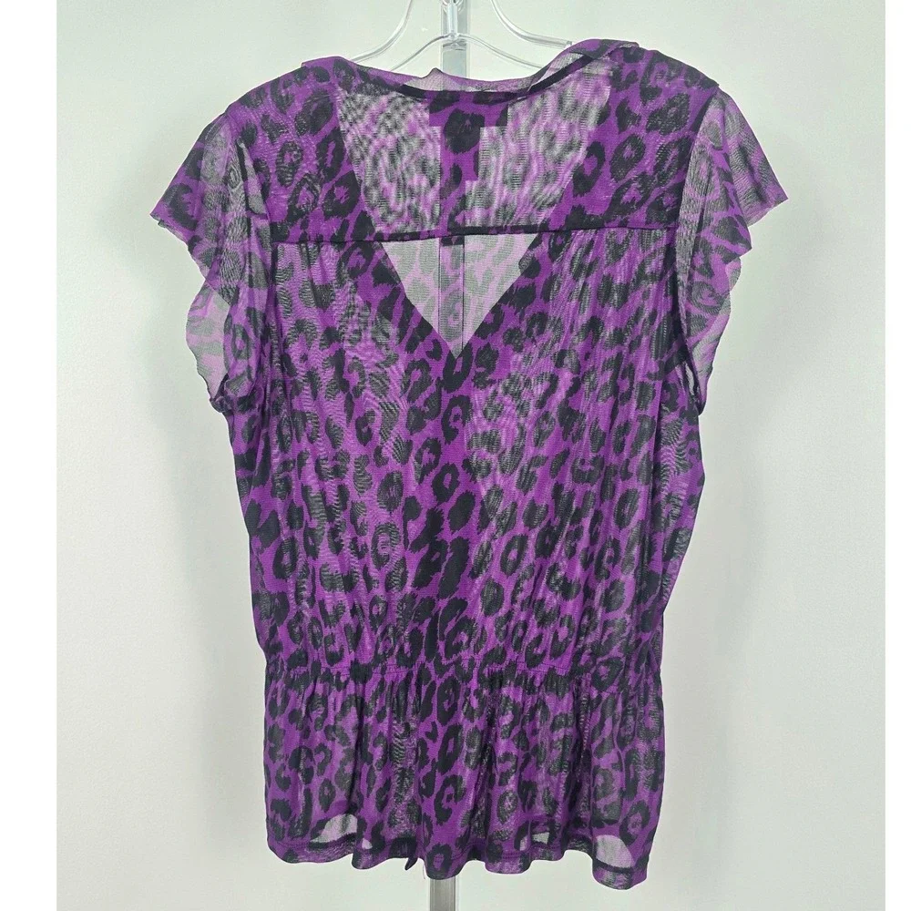 I.N.C International Concept Sheer Animal Print Short Sleeve Ruffle Neck Purple L